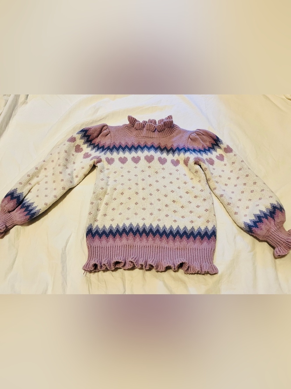 Janie and Jack Purple and White Heart Ruffle Mock-Neck Sweater - size 4